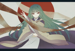 Rule 34 | 1girl, akinomiya asuka, blunt bangs, bright pupils, commentary request, detached sleeves, green hair, hand up, japanese clothes, kimono, long hair, long sleeves, mystical power plant, original, purple kimono, red eyes, smile, solo, suitokuin tenmu, touhou, white pupils
