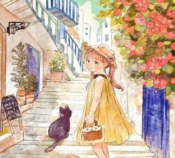 Rule 34 | 1girl, arched bangs, black cat, blush, brown eyes, brown hair, building, cat, child, closed mouth, dress, flower, hat, long hair, looking at viewer, oniheya 53, original, outdoors, painting (medium), plant, potted plant, red flower, sleeveless, sleeveless dress, solo, traditional media, twintails, watercolor (medium), yellow dress