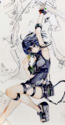 Rule 34 | 1girl, absurdres, ahoge, arknights, arm above head, armpits, ballpoint pen (medium), black eyes, black footwear, black gloves, black hair, bow, breasts, derivative work, fingerless gloves, foot out of frame, foot up, gloves, hair between eyes, hair bow, hair ornament, hairclip, highres, holding vial, infection monitor (arknights), la pluma (arknights), looking at viewer, medium hair, parted lips, partially colored, pouch, radio, scythe, shirt, shoes, sidelocks, sleeveless, sleeveless shirt, small breasts, solo, thigh pouch, thigh strap, traditional media, vial, white bow, wusanxielemei, zipper