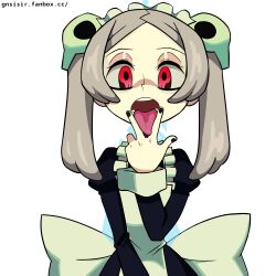 Rule 34 | 1girl, absurdres, apron, black nails, bloody marie (skullgirls), cunnilingus gesture, dress, facing viewer, frilled apron, frills, gesture, gnsisir, grey hair, hair ornament, highres, juliet sleeves, light brown hair, long sleeves, long tongue, looking at viewer, maid, maid apron, maid headdress, nail polish, open mouth, oral invitation, puffy sleeves, red eyes, sexually suggestive, sidelocks, simple background, skull hair ornament, skullgirls, solo, suggestive, tongue, tongue out, transparent background, twintails, upper body, w, white background