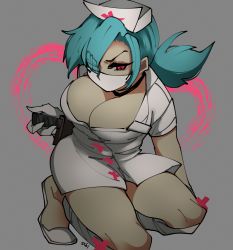 Rule 34 | + +, 1girl, aqua hair, breasts, choker, cleavage, commentary request, downblouse, dress, eyepatch, furrowed brow, gloves, grey background, hair over one eye, hat, highres, large breasts, looking at viewer, mask, mouth mask, nurse, nurse cap, one eye covered, ponytail, red eyes, sabi, sabi (6535841), short dress, short sleeves, simple background, skullgirls, solo, squatting, surgical mask, symbol-shaped pupils, symbol-only commentary, thighs, v-shaped eyebrows, valentine (skullgirls), white dress, white footwear, white gloves