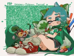 Rule 34 | &gt; o, 1girl, ;t, aguav berry, aqua shirt, bandaid, bandaid on face, bell, berry (pokemon), black shorts, blue eyes, blue hair, braid, bulbasaur, chespin, chesto berry, chiikama (plus67kt), chikorita, closed mouth, company connection, creatures (company), crossover, game freak, gen 1 pokemon, gen 2 pokemon, gen 3 pokemon, gen 4 pokemon, gen 5 pokemon, gen 6 pokemon, gen 7 pokemon, gen 8 pokemon, gradient hair, great ball, green hair, grepa berry, grey socks, grookey, hair bell, hair ornament, inkling, inkling girl, inkling player character, jingle bell, leaf, long hair, multicolored hair, nintendo, one eye closed, oran berry, pecha berry, poke ball, pokemon, pokemon (creature), rawst berry, red footwear, rowlet, salmonid, shirt, shoelaces, shoes, short sleeves, shorts, sitting, smallfry (splatoon), sneakers, snivy, socks, source request, splatoon (series), splatoon 3, sprigatito, stick, t-shirt, tentacle hair, treecko, turtwig, two-tone hair, ultra ball