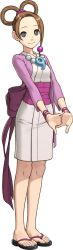 Rule 34 | 1girl, absurdres, ace attorney, bead necklace, beads, brown hair, feet, full body, fuse takuro, geta, grey eyes, hair ornament, hair rings, highres, japanese clothes, jewelry, looking at viewer, magatama, necklace, no socks, official art, pearl fey, phoenix wright: ace attorney - dual destinies, sandals, short hair, skirt, smile, solo, standing, toes, transparent background, white background