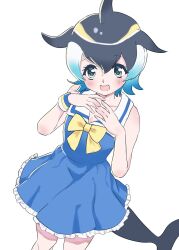 Rule 34 | 1girl, bare shoulders, black hair, blonde hair, blowhole, blue dress, blue eyes, blue hair, blush, bow, bowtie, cetacean tail, common dolphin (kemono friends), cowboy shot, dolphin girl, dorsal fin, dress, fins, fish tail, frilled dress, frills, highres, houkokukokui, kemono friends, multicolored hair, open mouth, sailor collar, sailor dress, short hair, sleeveless, solo, tail, white hair, wristband, yellow bow, yellow bowtie