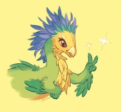 Rule 34 | 1other, beak, character request, feathers, laoshui, monster, monster hunter (series), monster hunter wilds, multicolored feathers, no humans, solo, sparkle, v, yellow background