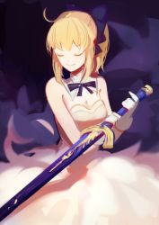 Rule 34 | 1girl, 3four, ahoge, artoria pendragon (fate), blonde hair, breasts, closed mouth, dress, fate/stay night, fate (series), hair ribbon, ribbon, saber (fate), smile, solo, sword, weapon