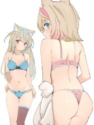 Rule 34 | 2girls, absurdres, animal ear fluff, animal ears, ass, asymmetrical legwear, blonde hair, blue bra, blue eyes, blue hair, blue panties, blush, bra, breasts, brown bra, brown panties, brown thighhighs, cleavage, collarbone, colored inner animal ears, commission, dog ears, dog girl, fuwawa abyssgard, hair ornament, hairband, hairclip, highres, hololive, hololive english, horn hairband, long hair, medium breasts, mococo abyssgard, multicolored hair, multiple girls, navel, panties, pink hair, pink hairband, red eyes, second-party source, siblings, simple background, sisters, skeb commission, streaked hair, thighhighs, twins, ukitaryu, underwear, underwear only, virtual youtuber