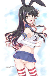 Rule 34 | 1girl, animal ears, ass, black eyes, black hair, blue skirt, cosplay, cowboy shot, crop top, elbow gloves, gloves, hairband, kantai collection, long hair, microskirt, mikage takashi, miniskirt, multicolored hair, naganami (kancolle), open mouth, pink hair, pleated skirt, rabbit ears, sailor collar, shimakaze (kancolle), shimakaze (kancolle) (cosplay), skirt, smile, solo, star (symbol), starry background, striped clothes, striped thighhighs, thighhighs, twitter username, two-tone hair, wavy hair, white background, white gloves