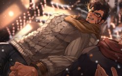 Rule 34 | 2boys, bara, bellsaltr, black hair, blurry, blurry background, blush, bracelet, brown scarf, brown sweater, closed eyes, cross scar, facial hair, flaming eye, goatee, heracles (housamo), highres, holding hands, jewelry, large pectorals, multiple boys, muscular, muscular male, official alternate costume, open mouth, pants, pectorals, scar, scar on face, scarf, short hair, sideburns, smile, snowing, solo focus, sweater, tokyo houkago summoners, winter, winter clothes, yaoi