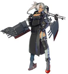 Rule 34 | 10s, 1girl, aircraft, alternate costume, black coat, black gloves, black thighhighs, breasts, cleavage, cleavage cutout, clothing cutout, coat, dark-skinned female, dark skin, glasses, gloves, gorou-ya, grey hair, hairband, kantai collection, large breasts, looking at viewer, musashi (kancolle), red eyes, rigging, rudder footwear, smile, solo, thighhighs, twintails, white background