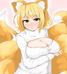Rule 34 | 1girl, alternate costume, animal ears, bad id, bad pixiv id, blonde hair, blush, breast lift, breasts, cleavage, cleavage cutout, clothing cutout, fox ears, fox tail, karatakewari, large breasts, long sleeves, looking at viewer, meme attire, multiple tails, open-chest sweater, ribbed sweater, solo, sweater, tail, touhou, turtleneck, yakumo ran, yellow eyes