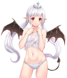 Rule 34 | 1girl, bad id, bad pixiv id, bikini, blunt bangs, blush, breasts, cleavage, closed mouth, cowboy shot, demon girl, demon tail, demon wings, earrings, hands up, jewelry, long hair, looking at viewer, low twintails, lunacle, navel, original, pointy ears, red eyes, see-through, sidelocks, silver hair, simple background, small breasts, smile, solo, standing, swimsuit, tail, tareme, thighs, tiara, twintails, white background, white bikini, wings