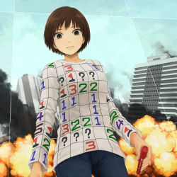 Rule 34 | 1girl, ?, arms at sides, blue pants, bob cut, bomb, brown eyes, brown hair, building, closed mouth, clothes writing, cloud, commentary request, cowboy shot, day, denim, destruction, explosion, explosive, flag, holding, jeans, long sleeves, looking at viewer, marker, minesweeper, original, outdoors, pants, print shirt, shirt, short hair, sky, smoke, solo, tiles, tower, yajirushi (chanoma)
