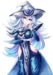 Rule 34 | 1girl, :o, arm under breasts, blue dress, blue eyes, breasts, cape, cowboy shot, dashinoya, dress, duel monster, gloves, hair between eyes, hat, hip vent, large breasts, long hair, long sleeves, open mouth, silent magician, solo, very long hair, white background, white gloves, white hair, white hat, wizard hat, yu-gi-oh!
