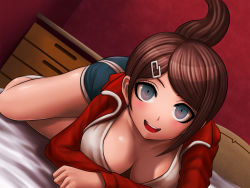 Rule 34 | 10s, 1girl, asahina aoi, bare legs, blue eyes, blush, breasts, brown hair, cleavage, collarbone, danganronpa (series), danganronpa: trigger happy havoc, dark skin, dark-skinned female, downblouse, dutch angle, face, gig (artist), hair ornament, hairclip, jacket, large breasts, looking at viewer, lying, official style, on stomach, open mouth, shorts, smile, solo