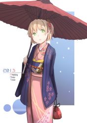 Rule 34 | 1girl, alternate costume, bag, coat, female focus, floral print, flower, green eyes, hair flower, hair ornament, hair up, happy new year, japanese clothes, kimono, kokotetsu, long sleeves, looking at viewer, mizuhashi parsee, new year, obi, oil-paper umbrella, open clothes, open coat, open mouth, pointy ears, sash, short hair, snowing, solo, touhou, umbrella, wide sleeves