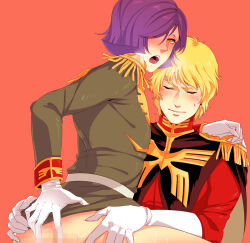 Rule 34 | 2boys, anus, arm around neck, belt, black cape, blonde hair, blunt ends, blush, bottomless, cape, censored, char aznable, closed eyes, closed mouth, epaulettes, garma zabi, gloves, green jacket, gundam, hair over one eye, hand on another&#039;s ass, high collar, itsmefool, jacket, long sleeves, looking at viewer, looking back, male focus, military uniform, mobile suit gundam, mosaic censoring, multiple boys, open mouth, orange eyes, purple hair, red background, red jacket, short hair, simple background, spread anus, uniform, white belt, white gloves, yaoi