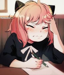 Rule 34 | 1girl, anya (spy x family), artist name, bad id, bad twitter id, child, closed eyes, crying, facepalm, hairpods, hand on own head, highres, holding, holding pencil, paper, pencil, pink hair, sharl0ck, solo, spy x family, studying, writing
