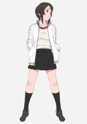 Rule 34 | 1girl, bad id, bad twitter id, black hair, black legwear, black skirt, full body, grey background, grey eyes, gym shirt, hands in pockets, hayasui (kancolle), jacket, kantai collection, loafers, looking to the side, ojipon, pleated skirt, shirt, shoes, short hair, simple background, skirt, solo, standing, track jacket