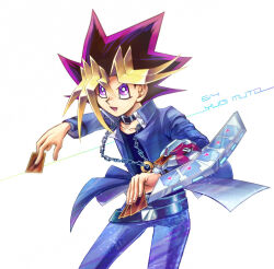 Rule 34 | 1boy, black choker, black hair, black shirt, blonde hair, blue jacket, blue pants, bright pupils, card, chain, character name, choker, collarbone, cowboy shot, dated, deck of cards, duel disk, holding, holding card, jacket, jewelry, male focus, medium hair, millennium puzzle, multicolored hair, muto yugi, pants, pendant, purple eyes, purple hair, shirt, simple background, smile, solo, spiked hair, trading card, white background, yu-gi-oh!, yu-gi-oh! duel monsters, yy06370