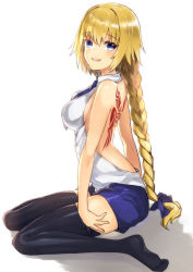 Rule 34 | 1girl, backless outfit, black thighhighs, blonde hair, blue bow, blue neckwear, blue shorts, bow, braid, breasts, fate/apocrypha, fate (series), from side, full body, hair bow, highres, jeanne d&#039;arc (fate), jeanne d&#039;arc (girl from orleans) (fate), jeanne d&#039;arc (ruler) (fate), long hair, looking at viewer, low-tied long hair, medium breasts, ponytail, short shorts, shorts, sideboob, simple background, single braid, sitting, sleeveless, solo, tanaka arumi, thighhighs, very long hair, white background, zettai ryouiki