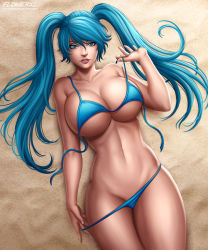 Rule 34 | 1girl, abs, aqua eyes, beach, bikini, blue hair, breasts, cleavage, curvy, flowerxl, huge breasts, league of legends, lips, lipstick, looking at viewer, lying, midriff, navel, sand, sona (league of legends), swimsuit, thighs, twintails, underbust, undressing