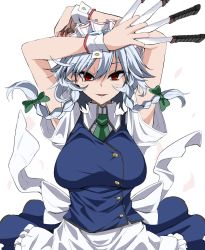 Rule 34 | 1girl, apron, arms up, between fingers, blue skirt, blue vest, bow, braid, breasts, commentary request, eyelashes, frilled apron, frills, green bow, green neckwear, hair between eyes, hair bow, highres, holding, holding knife, holding weapon, izayoi sakuya, knife, knives between fingers, large breasts, looking at viewer, maid, maid apron, maid headdress, nail polish, parted lips, petals, red eyes, red nails, rihito (usazukin), shirt, short hair, short sleeves, silver hair, simple background, skirt, smile, solo, touhou, twin braids, unfinished, upper body, vest, waist apron, weapon, white apron, white background, white shirt, wrist cuffs