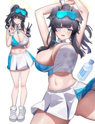 Rule 34 | 1girl, absurdres, alternate breast size, animal ears, arms up, bare legs, black hair, blue archive, blue eyes, blush, bottle, breasts, cheerleader, cleavage, dishui tangni, dog ears, double v, extra ears, gloves, goggles, goggles on head, halo, hibiki (blue archive), hibiki (cheer squad) (blue archive), highres, huge breasts, looking at viewer, midriff, miniskirt, multiple views, navel, official alternate costume, ouendan, pleated skirt, ponytail, shoes, simple background, single glove, skirt, sneakers, sports bra, star (symbol), star sticker, sticker on face, stomach, two-tone sports bra, v, water bottle, white background