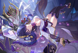 Rule 34 | 1boy, 1girl, black thighhighs, breasts, broken glass, cleavage, commentary request, genshin impact, glass, god hunter, high heels, highres, holding, holding sword, holding weapon, japanese clothes, kimono, large breasts, long braid, long hair, off shoulder, purple eyes, purple hair, purple kimono, raiden shogun, reflection, scaramouche (genshin impact), scaramouche (shouki no kami) (genshin impact), short kimono, sword, thighhighs, thighs, weapon