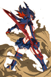 Rule 34 | 10s, 1girl, ass, black hair, blue eyes, boots, breasts, butt crack, from behind, kill la kill, living clothes, looking back, matoi ryuuko, midriff, multicolored hair, oono tsutomu, red hair, scissor blade (kill la kill), senketsu, short hair, simple background, skirt, small breasts, solo, suspenders, sword, thigh boots, thighhighs, torn, two-tone hair, weapon