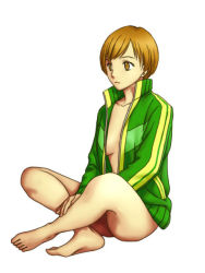 Rule 34 | 1girl, ass, atlus, bad id, bad pixiv id, barefoot, bottomless, breasts, brown eyes, brown hair, coat, expressionless, feet, full body, hatariro, indian style, jacket, legs, looking away, medium breasts, naked jacket, open clothes, open coat, open jacket, open shirt, persona, persona 4, satonaka chie, shirt, short hair, sideboob, simple background, sitting, solo, track jacket, white background