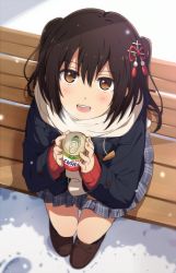 Rule 34 | 10s, 1girl, :d, bench, blush, breath, brown eyes, brown footwear, brown hair, can, canned coffee, casual, coat, drink can, dutch angle, from above, hair between eyes, hair ornament, kantai collection, loafers, long hair, looking at viewer, looking up, ogipote, open mouth, outdoors, park bench, scarf, sendai (kancolle), sendai kai ni (kancolle), shoes, side ponytail, sitting, skirt, smile, snow, snowing, solo, teeth, two side up