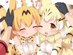 Rule 34 | 10s, 3girls, ^ ^, animal ears, black gloves, blonde hair, blush, bow, bowtie, brown eyes, cat ears, cat tail, cheek-to-cheek, closed eyes, commentary, elbow gloves, extra ears, female pov, gloves, hands on another&#039;s head, headpat, heads together, heart, highres, kaban (kemono friends), kemono friends, looking at viewer, makuran, multiple girls, one eye closed, pov, print gloves, print neckwear, sand cat (kemono friends), sand cat print, serval (kemono friends), serval print, serval tail, shirt, short sleeves, simple background, sleeveless, sleeveless shirt, smile, tail, upper body, white background
