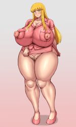 Rule 34 | 1girl, absurdres, akimoto katherine reiko, bare legs, blonde hair, breasts, censored, cleavage, female focus, full body, g-string, gigantic breasts, highres, kochikame, large nipples, long hair, matching hair/eyes, mosaic censoring, nippleless clothes, ponkotsu (robolobo4956), pubic hair, solo, straining buttons, thick thighs, thighs, thong, wide hips, yellow eyes, ponkotsu (robolobo4956)