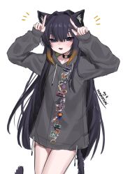 Rule 34 | 1girl, absurdres, animal ear fluff, animal ears, black eyes, black hair, blunt bangs, breasts, cat ears, cat girl, cat tail, choker, cowboy shot, drawstring, english text, fang, gradient hair, grey jacket, hair intakes, highres, hololive, hololive english, hood, hooded jacket, jacket, kemonomimi mode, long hair, long sleeves, looking at viewer, multicolored hair, ninomae ina&#039;nis, ninomae ina&#039;nis (loungewear), o-ring, o-ring choker, official alternate costume, open mouth, orange hair, patch, sidelocks, simple background, slepp, small breasts, solo, tail, tentacle hair, thighs, very long hair, virtual youtuber, white background