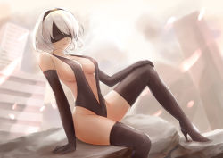 Rule 34 | 1girl, black gloves, black hairband, black one-piece swimsuit, black thighhighs, blindfold, boots, breasts, closed mouth, elbow gloves, gloves, hairband, hand on own knee, highres, lips, medium breasts, mole, mole under mouth, navel, nier (series), nier:automata, one-piece swimsuit, sebu illust, short hair, sideboob, sitting, skindentation, slingshot swimsuit, solo, swimsuit, thigh boots, thighhighs, thighs, white hair, 2b (nier:automata)