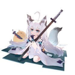 Rule 34 | 1girl, 1other, absurdres, aged down, ahoge, animal ears, azur lane, black gloves, blue eyes, chinese commentary, collarbone, commentary request, detached sleeves, dress, fox ears, fox girl, fox tail, gloves, hair between eyes, highres, holding, holding sword, holding weapon, kawakaze (azur lane), liwendala, long hair, manjuu (azur lane), no shoes, parted lips, pixiv id, simple background, sitting, sleeveless, sleeveless dress, socks, solo focus, sword, tabi, tail, wariza, weapon, white background, white dress, white hair, white sleeves, white socks, wide sleeves