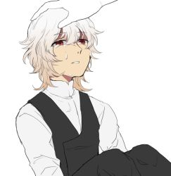 Rule 34 | 1boy, black pants, crying, crying with eyes open, fate/apocrypha, fate (series), hair between eyes, looking at viewer, male focus, pants, red eyes, shirt, short hair, sieg (fate), silver hair, sitting, solo, tears, waistcoat, white shirt, woodrice