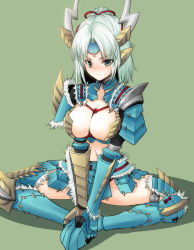 Rule 34 | 1girl, breasts, butterfly sitting, capcom, cleavage, green eyes, highres, large breasts, long hair, midriff, monster hunter (series), monster hunter portable 3rd, navel, ponytail, ribbon, sitting, solo, white hair, youshuu, zinogre (armor)
