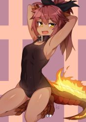 Rule 34 | 1girl, absurdres, aged down, animal hands, armpits, arms behind back, black one-piece swimsuit, breasts, collar, commentary, commission, dark-skinned female, dark skin, english commentary, fang, fiery tail, fire, full body, hair ribbon, highres, lizard tail, long hair, looking at viewer, monster girl, monster girl encyclopedia, one-piece swimsuit, open mouth, ponytail, red hair, ribbon, salamander (monster girl encyclopedia), scales, signature, simple background, slit pupils, small breasts, solo, swimsuit, tail, tilt-shift (azalanz), v-shaped eyebrows, yellow eyes