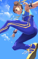 Rule 34 | 1girl, armpits, ass, blue bodysuit, blue eyes, blue footwear, blue sky, bodysuit, bodysuit under clothes, bracelet, breasts, brown hair, cacn, capcom, chun-li, closed mouth, cloud, cloudy sky, commentary, crop top, cross-laced footwear, dated, double bun, expressionless, foot out of frame, from below, hair bun, hair ribbon, highres, jewelry, jumping, lips, looking at viewer, medium breasts, nail polish, official alternate costume, ribbon, shoes, short hair, signature, sky, sneakers, solo, spiked bracelet, spikes, street fighter, street fighter zero (series), white nails, yellow ribbon