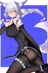 1girl absurdres animal_ear_fluff animal_ears bare_shoulders black_dress black_pantyhose blue_background blue_eyes border braid commentary_request commission detached_sleeves dress fox_ears fox_shadow_puppet fox_tail from_side glasses grey_hair hair_ornament hair_over_one_eye highres leg_up long_hair looking_at_viewer mitsuki_(ayanop1111) original pantyhose simple_background skeb_commission solo tail teeth watermark white_border