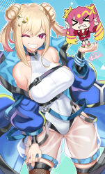 Rule 34 | &gt; &lt;, 2girls, absurdres, arms up, bare shoulders, bike shorts, black choker, blonde hair, blue background, blue coat, blue nails, bracelet, breasts, chest belt, chibi, chibi inset, choker, coat, collarbone, commentary, cosplay, covered navel, cowboy shot, crescent, crescent hair ornament, cropped vest, double bun, duel monster, earrings, evil twin lil-la, evil twin lil-la (cosplay), eyeshadow, fishnet thighhighs, fishnets, gluteal fold, grin, groin, hair between eyes, hair bun, hair ornament, hand on own thigh, hand up, highres, jacket, jewelry, ki-sikil (yu-gi-oh!), kitagawa marin, large breasts, leotard, lil-la (yu-gi-oh!), live twin ki-sikil, long hair, long sleeves, looking at viewer, makeup, midriff, multicolored hair, multiple girls, nail polish, nez-box, off shoulder, official alternate costume, one eye closed, partially unzipped, pink footwear, pink hair, red eyes, red eyeshadow, red jacket, ribbed leotard, see-through, shoes, sidelocks, signature, skindentation, smile, sono bisque doll wa koi wo suru, standing, star (symbol), star hair ornament, thighhighs, twintails, underbust, vest, white leotard, yu-gi-oh!