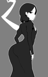 Rule 34 | 1girl, arched back, ass, black dress, braid, breasts, dress, expressionless, fate/strange fake, fate (series), forehead, grey background, highres, huge ass, large breasts, long sleeves, looking at viewer, medium hair, mekakuri (otacon250), monochrome, no name assassin (fate), parted bangs, simple background, solo, twin braids, zabaniya (fate)