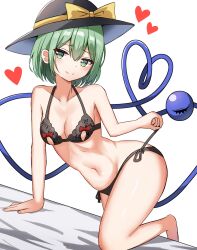 Rule 34 | 1girl, areola slip, black bra, black hat, black panties, blush, bow, bra, breast cutout, breasts, cleavage, closed mouth, commission, green eyes, green hair, groin, hat, hat bow, heart, heart of string, highres, kiui (dagk8254), komeiji koishi, lingerie, looking at viewer, medium breasts, navel, panties, panty pull, pulled by self, short hair, simple background, skeb commission, smile, solo, third eye, touhou, underwear, white background, yellow bow