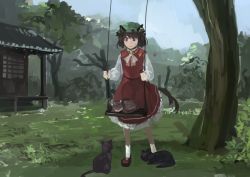 Rule 34 | 1girl, animal ears, blurry, brown hair, cat, cat ears, cat tail, chen, clenched hands, earrings, frown, hat, house, ichiba youichi, jewelry, mob cap, multiple tails, red eyes, rope, serious, single earring, sketch, sleeping, solo, sweatdrop, swing, tail, touhou, tree, two tails