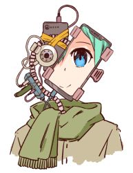 Rule 34 | 1girl, blue eyes, borisx, cable, cellphone, commentary, cropped torso, extension cord, green hair, original, phone, robot, scarf, simple background, smartphone, solo, tape, upper body, webcam, white background