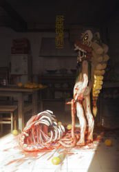 Rule 34 | 1girl, absurdres, black hair, blood, blood on feet, blood on hands, blood on leg, blood splatter, blurry, blurry background, bottle, bucket, cabbage, chair, crate, death, eyelashes, food, fruit, guro, highres, holding, holding knife, horror (theme), intestines, knife, light rays, long eyelashes, long hair, looking at viewer, magnet, mask, meat, monster, orange (fruit), original, oven, painterly, plate, pubia0919, refrigerator, refrigerator magnet, ribs, standing, table, teeth, tile floor, tiles, weapon, yellow eyes