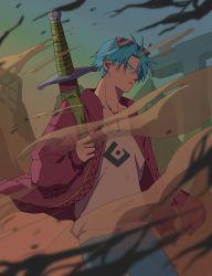Rule 34 | 10s, 1boy, bare pectorals, blue eyes, blue hair, clenched hand, cosplay, crossover, dragon ball, dragon ball super, dragonball z, earrings, expressionless, hatsune miku, hatsune miku (cosplay), jacket, jewelry, looking away, male focus, pants, pectorals, sand, shirt, short hair, suna no wakusei (vocaloid), sunglasses, sword, trunks (dragon ball), trunks (future) (dragon ball), vocaloid, weapon, white shirt
