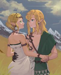 Rule 34 | 1boy, 1girl, archaic set (zelda), armlet, blonde hair, blue eyes, blue sky, bracelet, braid, closed mouth, cloud, collarbone, day, dress, earrings, eye contact, grass, green eyes, hair ornament, highres, holding hands, jewelry, lemonsam, link, long hair, looking at another, mountain, necklace, nintendo, outdoors, pointy ears, princess zelda, short hair, single bare shoulder, sky, sleeveless, smile, strapless, strapless dress, teardrop, the legend of zelda, the legend of zelda: tears of the kingdom, white dress